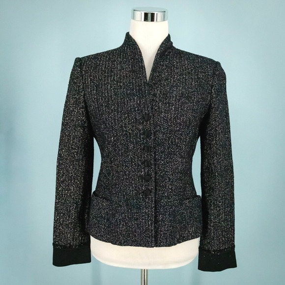 St. John Evening Size 4 Black Metallic Stand High Collar Button Blazer Jacket - Picture 1 of 7